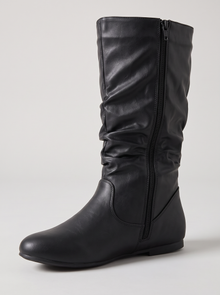 Women's Slouch Boots – Faux Leather Mid-Calf Flat Boots in Black – close-up of slouched shaft and side zip