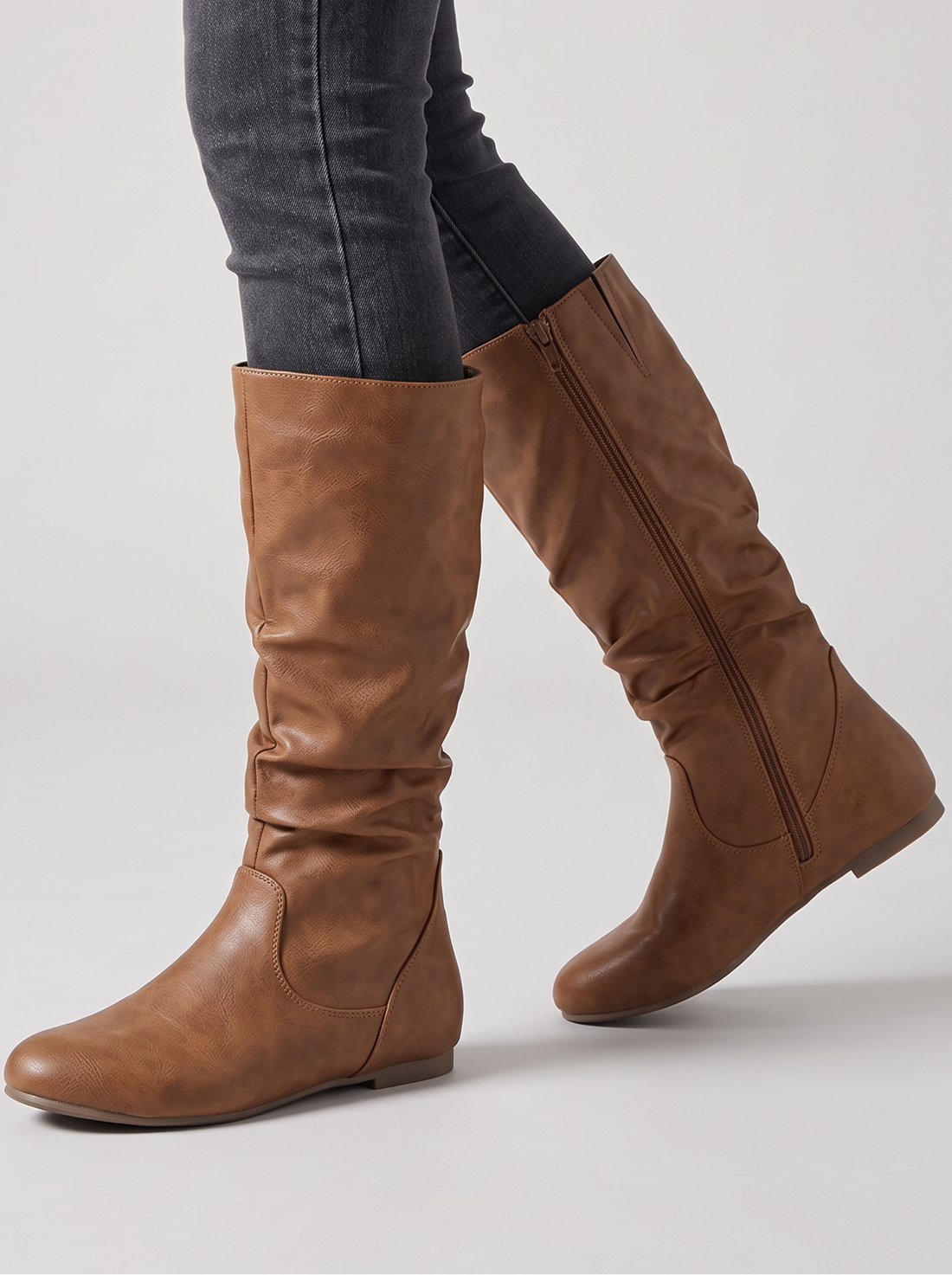 Women's Slouch Boots – Faux Leather Mid-Calf Flat Boots in Light Brown