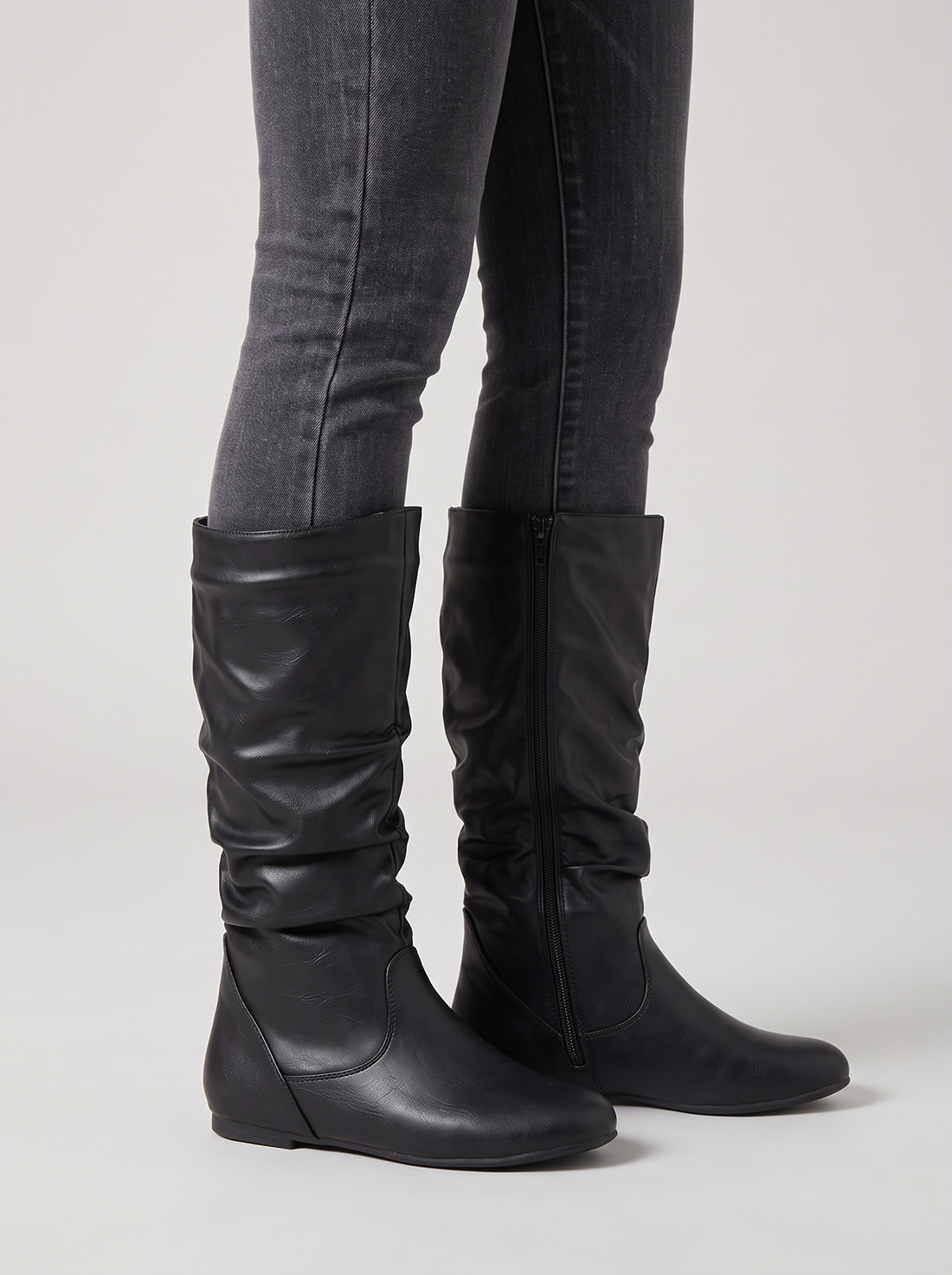 Women's Slouch Boots – Faux Leather Mid-Calf Flat Boots in Black – side view