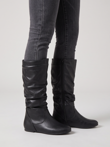 Women's Slouch Boots – Faux Leather Mid-Calf Flat Boots in Black – side view