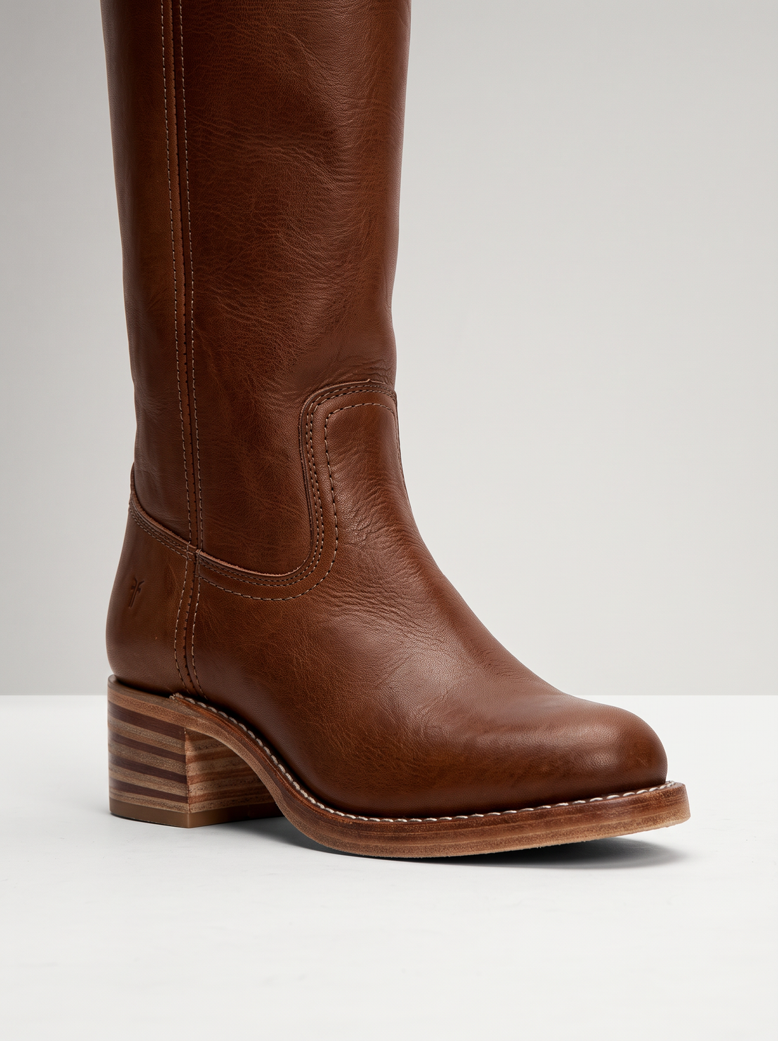 Women's Knee High Boots – Classic Stacked Heel Boots in Brown – close-up of stacked heel and toe