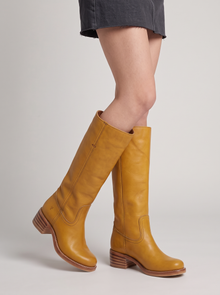 Women's Knee High Boots – Classic Stacked Heel Boots in Yellow