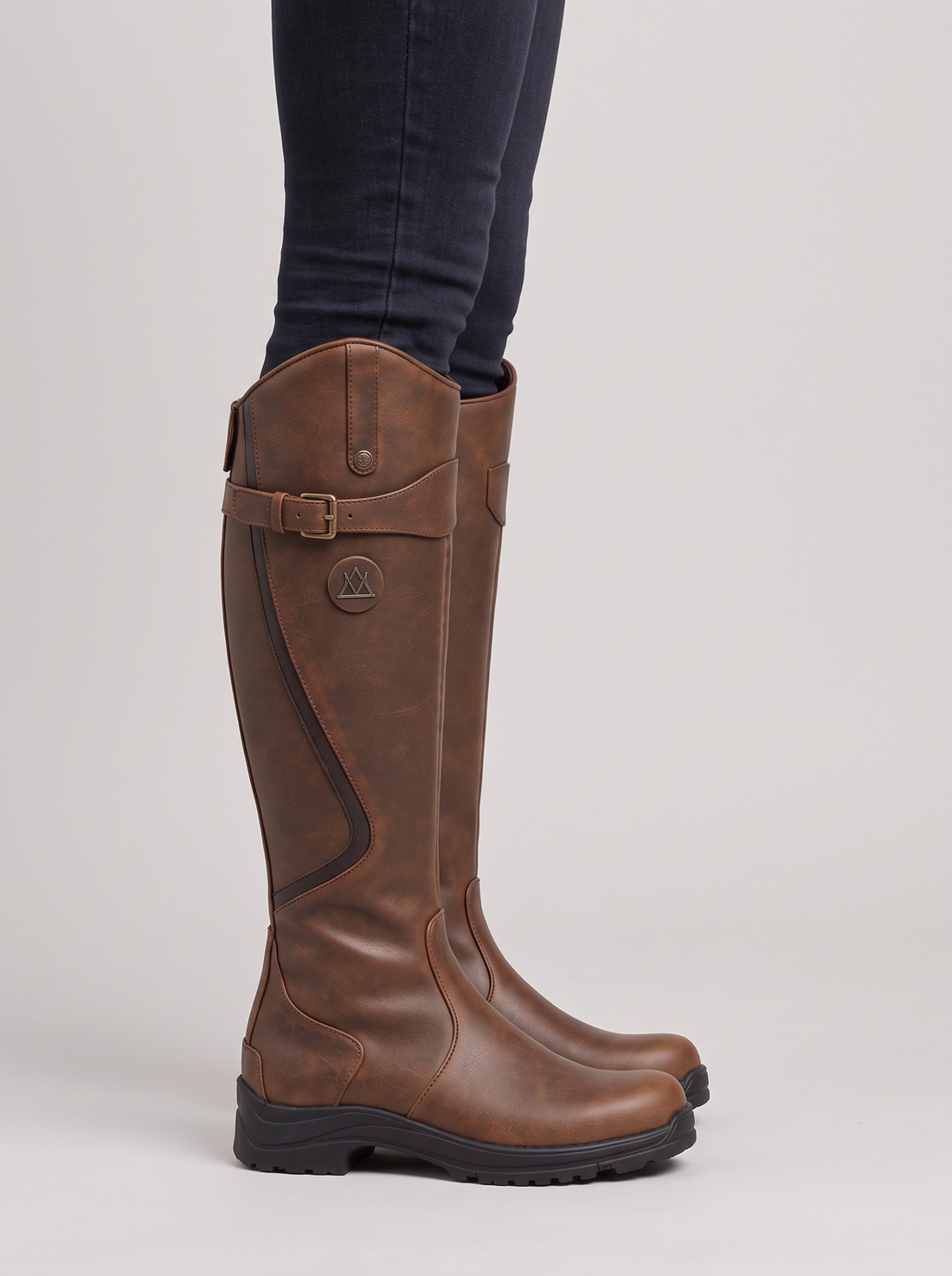 Women's Waterproof Knee High Boots with Lug Sole in Dark Brown – front view