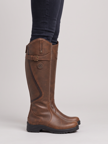 Women's Waterproof Knee High Boots with Lug Sole in Dark Brown – side view