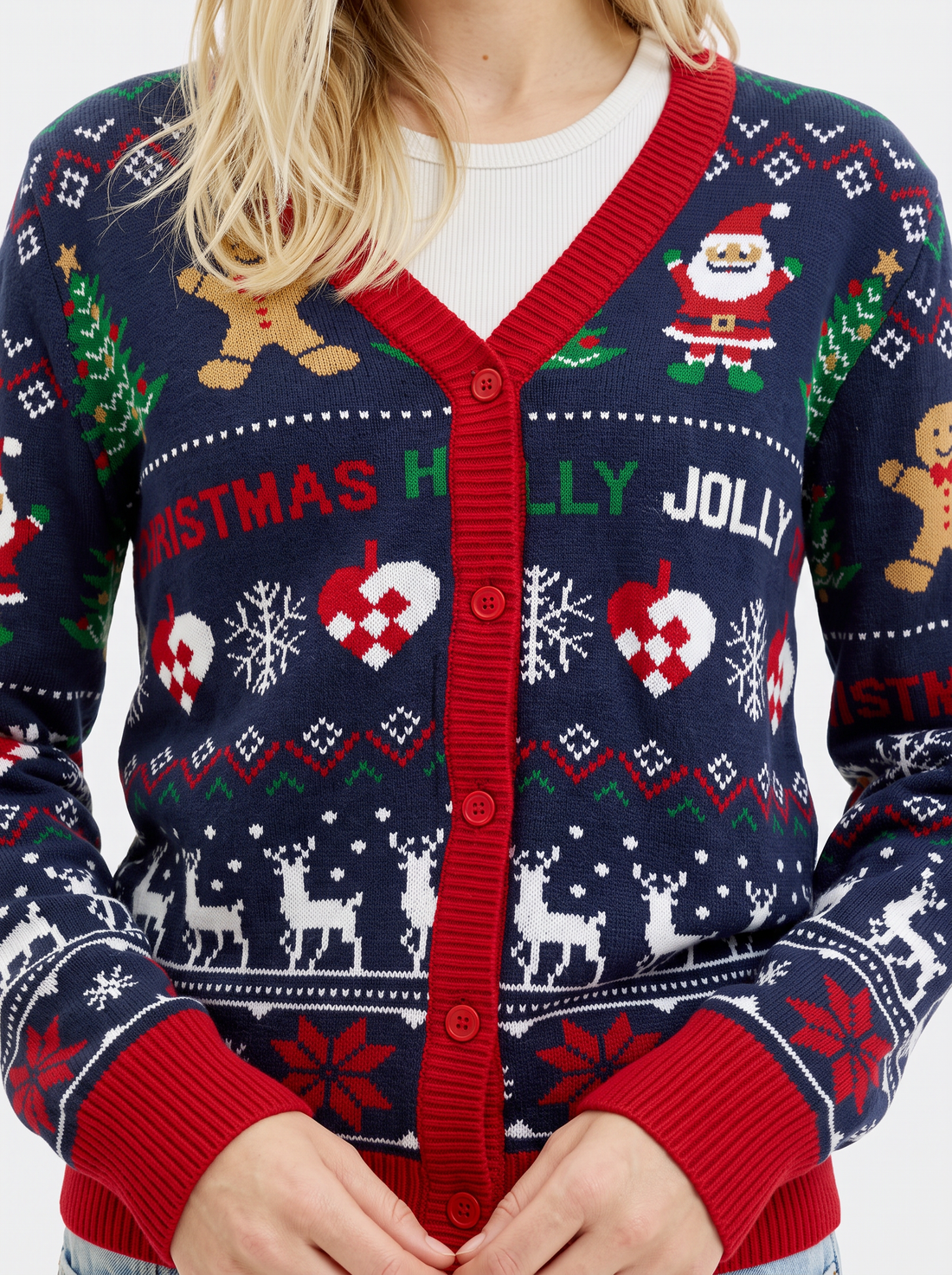 Women's Christmas Cardigan – Navy & Red Knitted Christmas Jumper – close-up of Santa and festive knit motifs