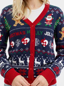 Women's Christmas Cardigan – Navy & Red Knitted Christmas Jumper – close-up of Santa and festive knit motifs