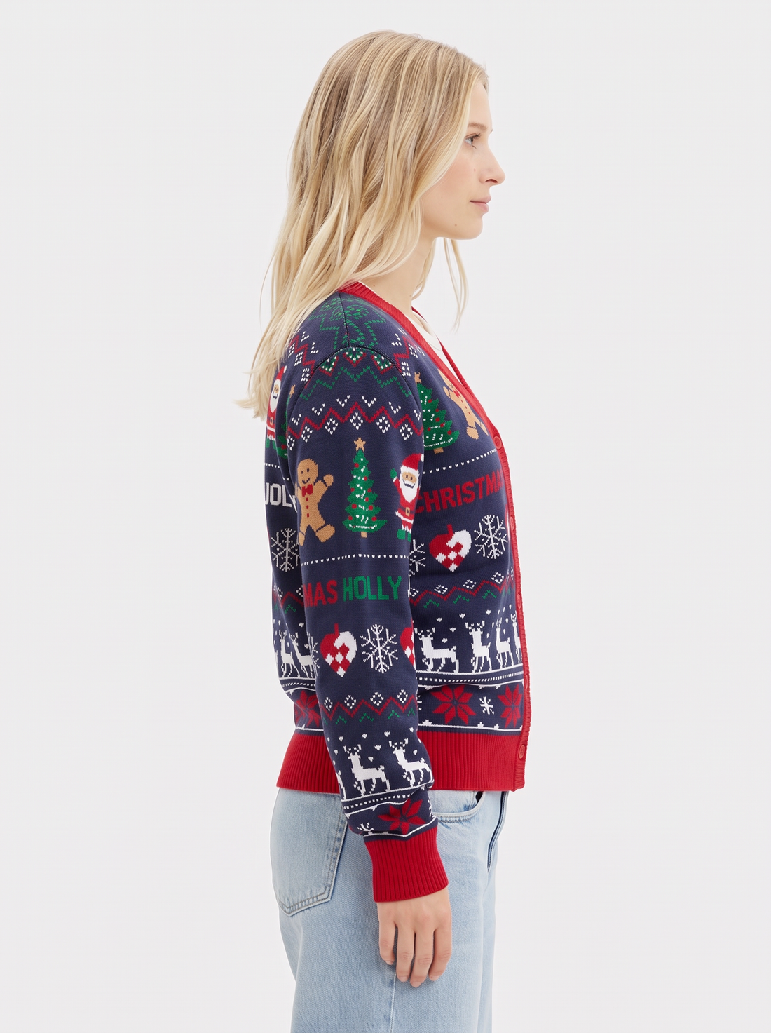 Women's Christmas Cardigan – Navy & Red Knitted Christmas Jumper – front view