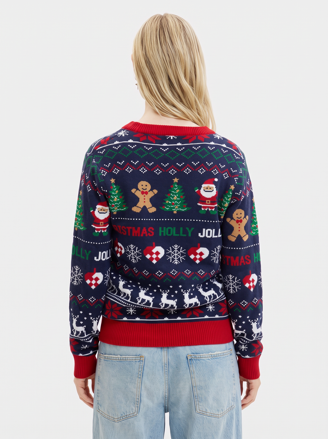 Women's Christmas Cardigan – Navy & Red Knitted Christmas Jumper – back view