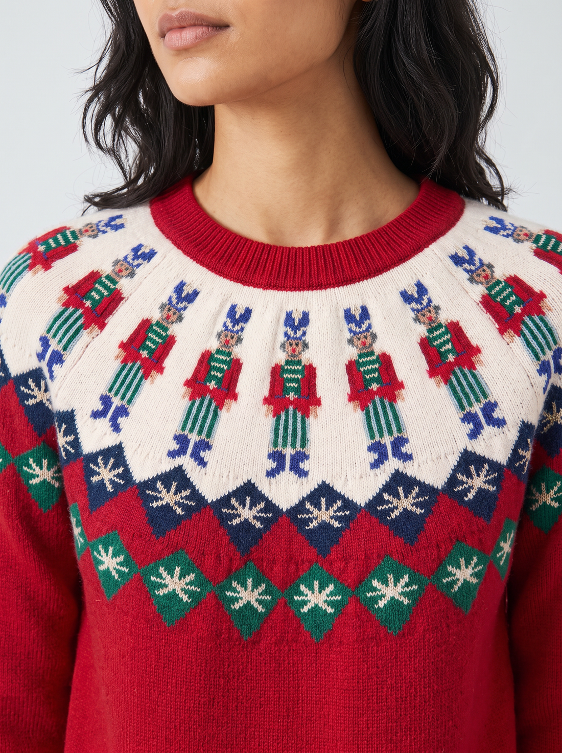 Women's Christmas Jumper – Red Fair Isle Nutcracker Knitted Jumper – close-up of nutcracker yoke