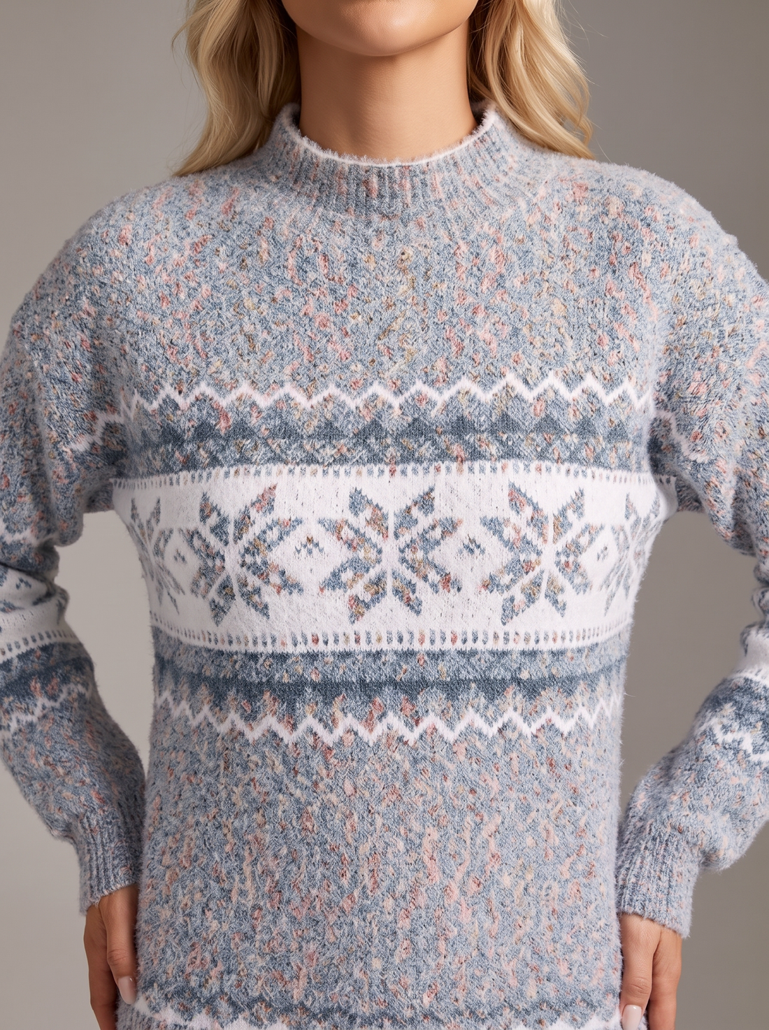Women's Snowflake Jumper – Cosy Nordic Knit Christmas Jumper in Grey – close-up of snowflake band and mock neck