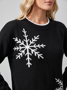 Women's Christmas Jumper – Black Snowflake Knitted Jumper – close-up of snowflake and neckline
