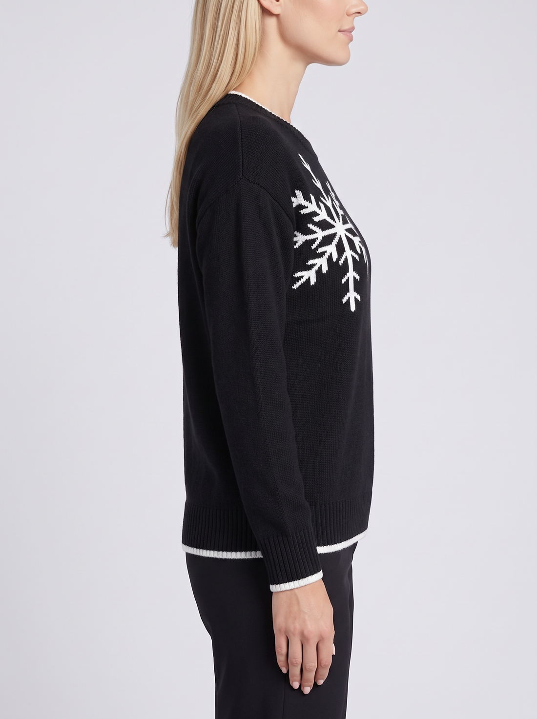 Women's Christmas Jumper – Black Snowflake Knitted Jumper – front view