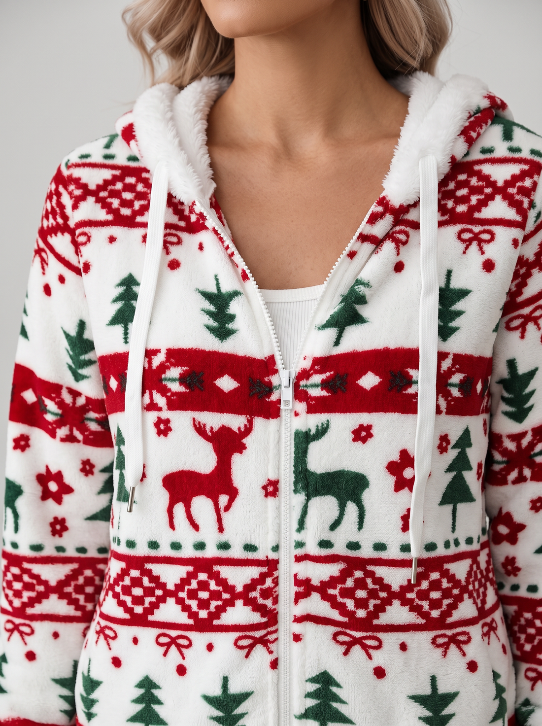 Women's Christmas Hoodie – Fluffy Reindeer Fair Isle Zip Up Hoodie – close-up of reindeer print and hood