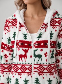 Women's Christmas Hoodie – Fluffy Reindeer Fair Isle Zip Up Hoodie – close-up of reindeer print and hood