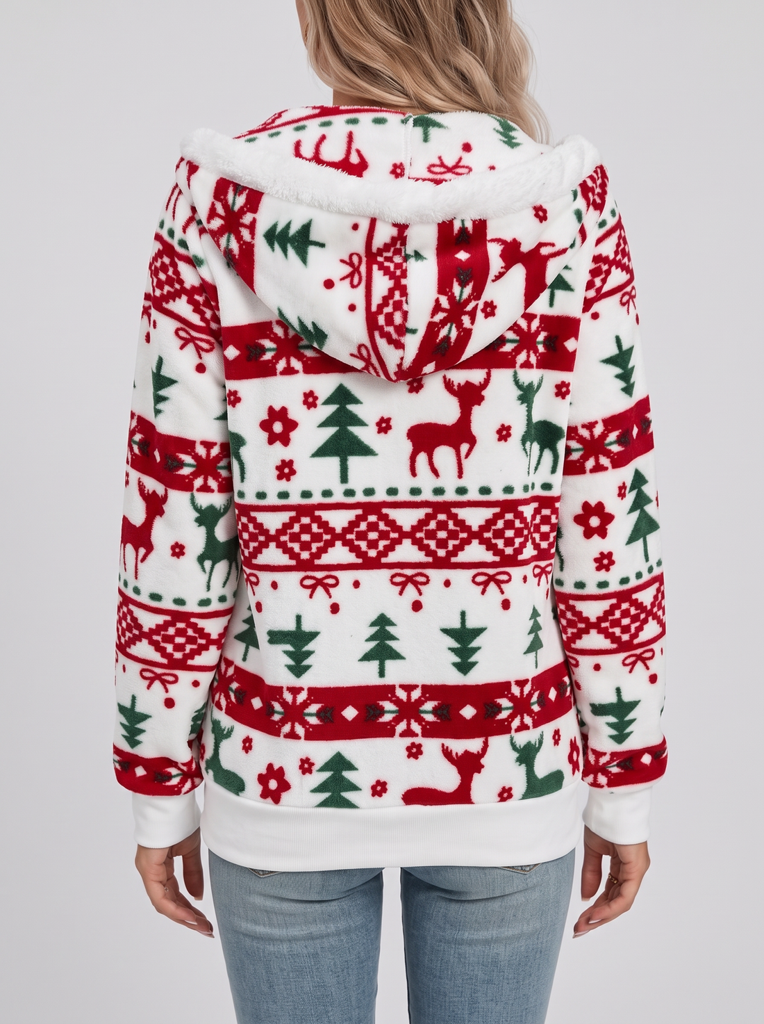 Women's Christmas Hoodie – Fluffy Reindeer Fair Isle Zip Up Hoodie – back view