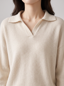 Women's Cashmere Co Ord Set – Knitted Polo Jumper & Wide Leg Trousers in Ivory – close-up of polo collar and knit