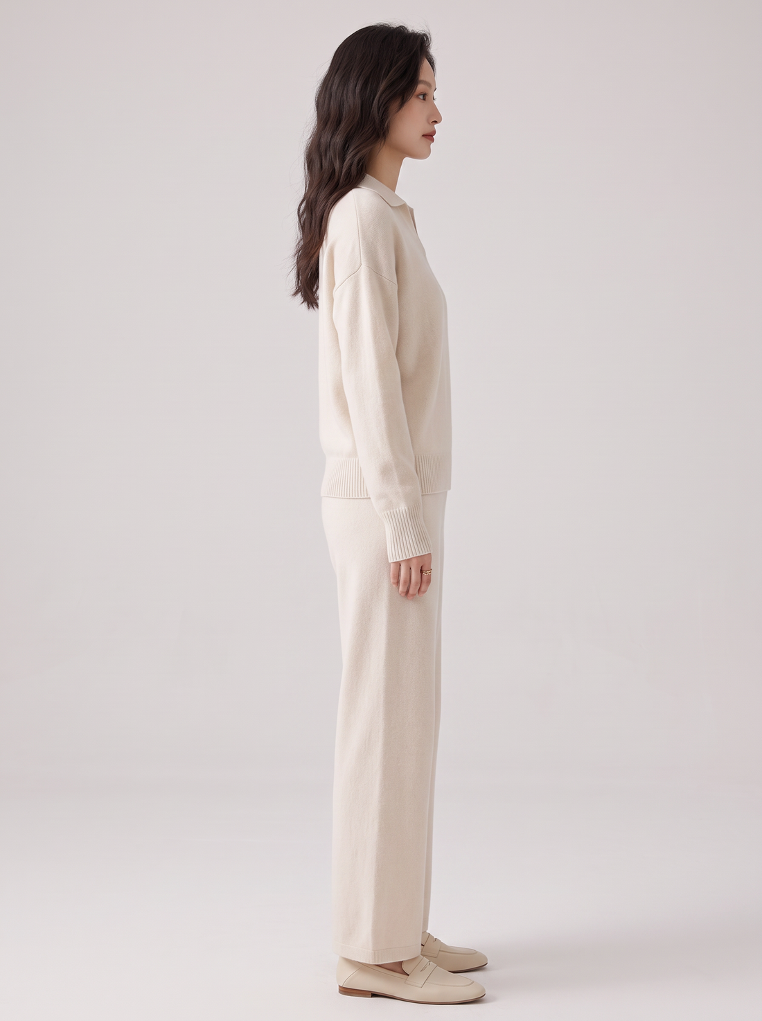 Women's Cashmere Co Ord Set – Knitted Polo Jumper & Wide Leg Trousers in Ivory – front view