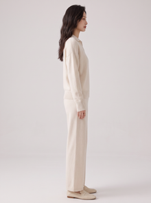 Women's Cashmere Co Ord Set – Knitted Polo Jumper & Wide Leg Trousers in Ivory – side view