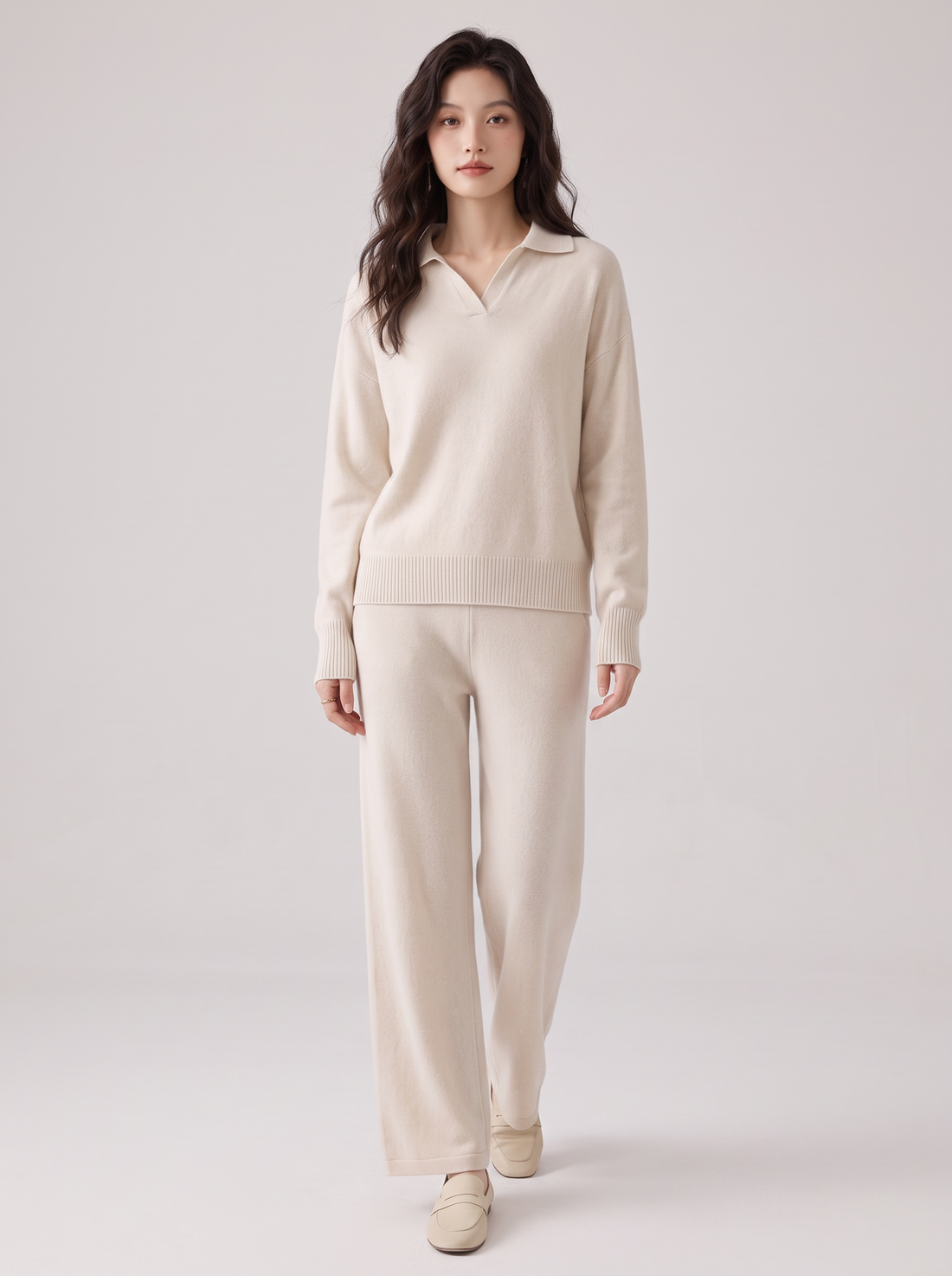 Women's Cashmere Co Ord Set – Knitted Polo Jumper & Wide Leg Trousers in Sandstone