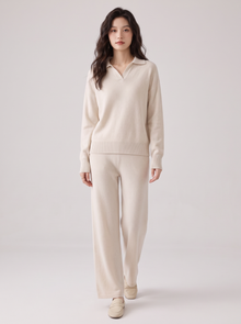 Women's Cashmere Co Ord Set – Knitted Polo Jumper & Wide Leg Trousers in Sandstone