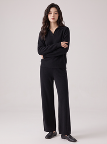 Women's Cashmere Co Ord Set – Knitted Polo Jumper & Wide Leg Trousers in Black