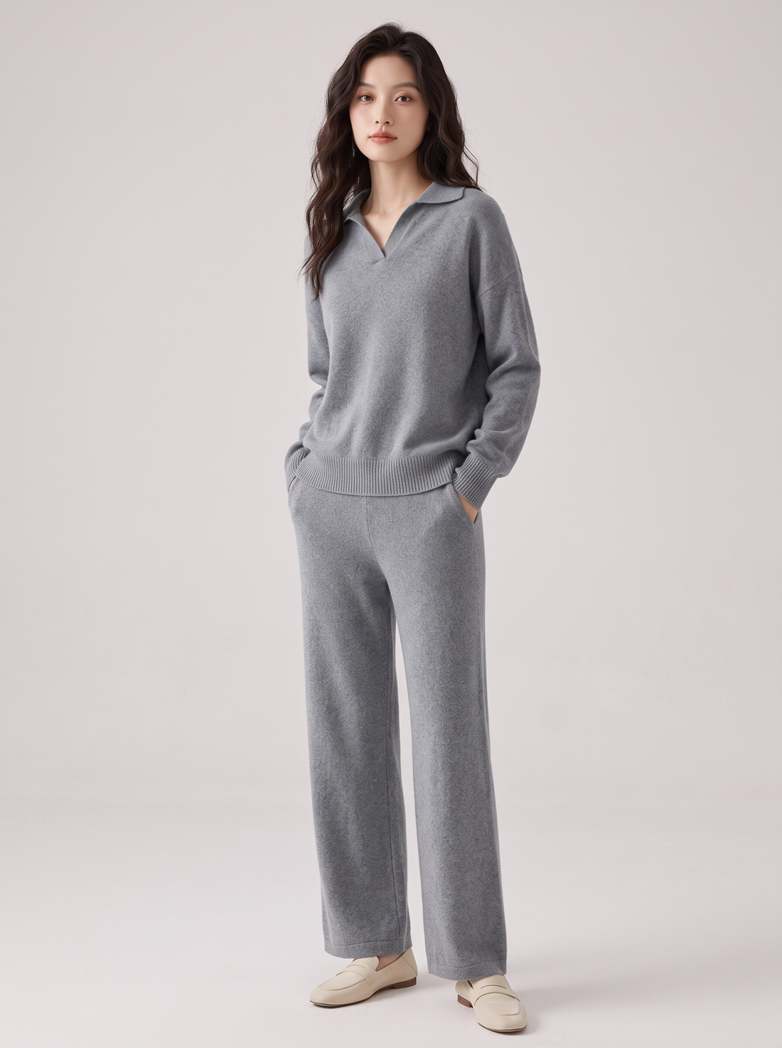 Women's Cashmere Co Ord Set – Knitted Polo Jumper & Wide Leg Trousers in Slate
