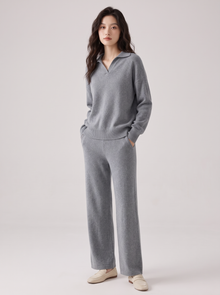 Women's Cashmere Co Ord Set – Knitted Polo Jumper & Wide Leg Trousers in Slate