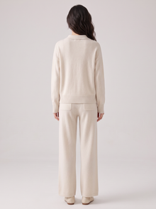 Women's Cashmere Co Ord Set – Knitted Polo Jumper & Wide Leg Trousers in Ivory – back view