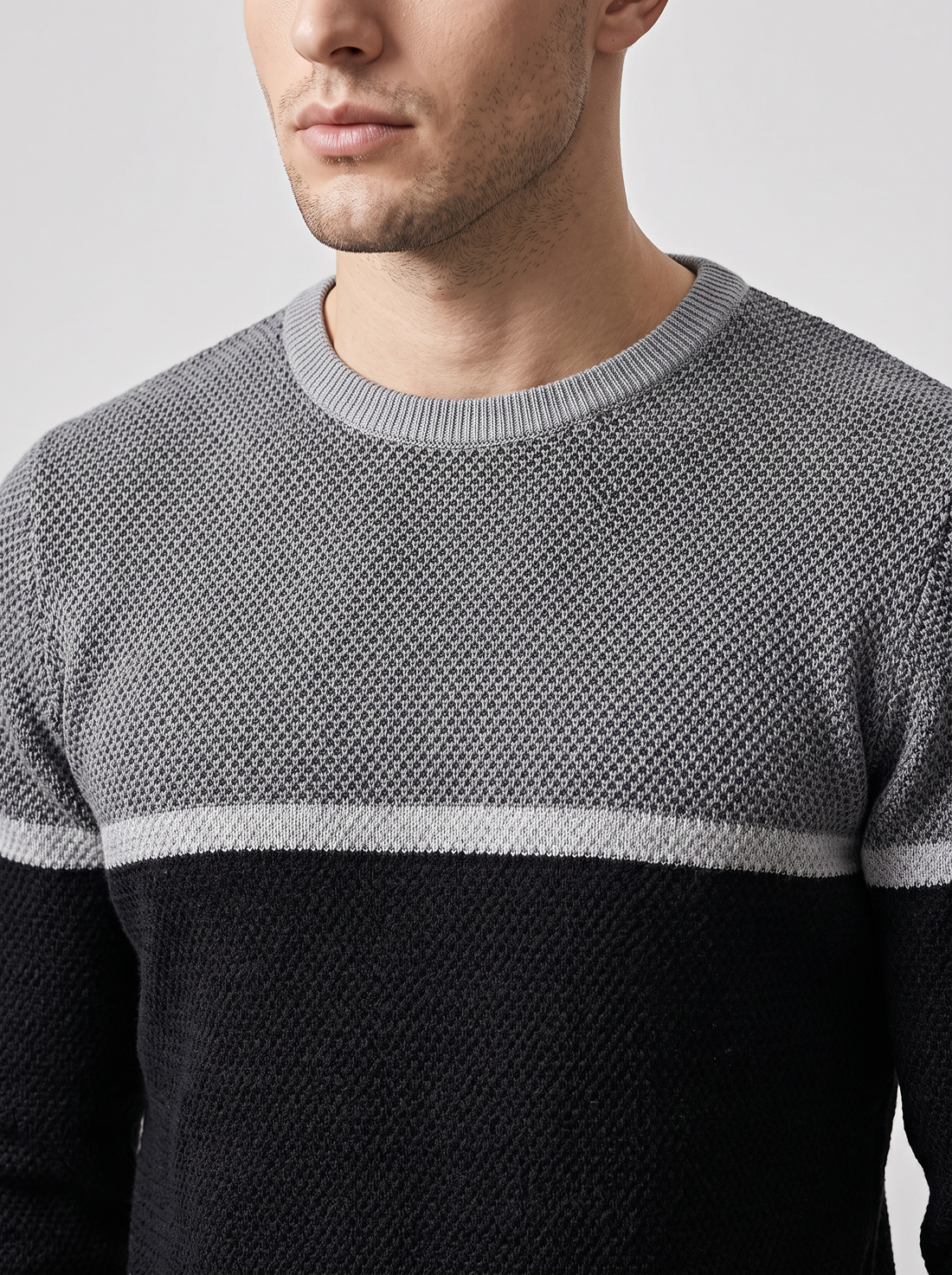 Men's Two-Tone Colour Block Knitted Jumper in Grey & Black – close-up of waffle knit and crew neck