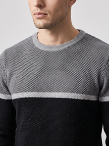 Men's Two-Tone Colour Block Knitted Jumper in Grey & Black – close-up of waffle knit and crew neck