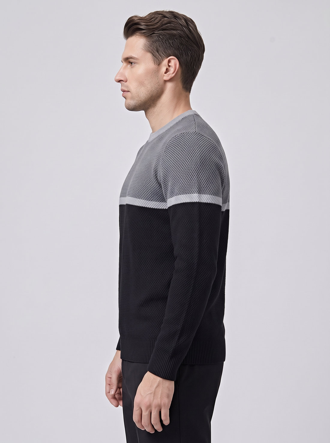 Men's Two-Tone Colour Block Knitted Jumper in Grey & Black – front view