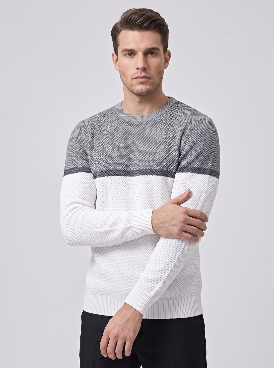 Men's Two-Tone Colour Block Knitted Jumper in Grey & White