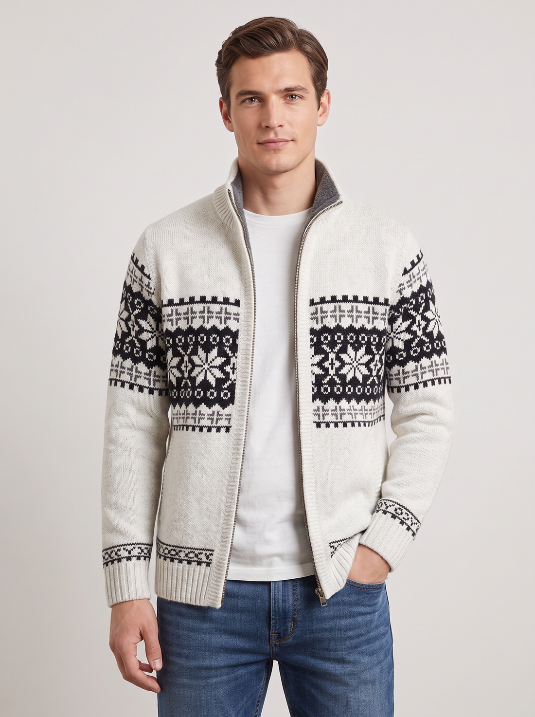Men's Knitted Zip Jacket – Nordic Fair Isle Wool Blend Cardigan in White