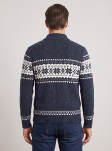 Men's Knitted Zip Jacket – Nordic Fair Isle Wool Blend Cardigan in Navy – back view