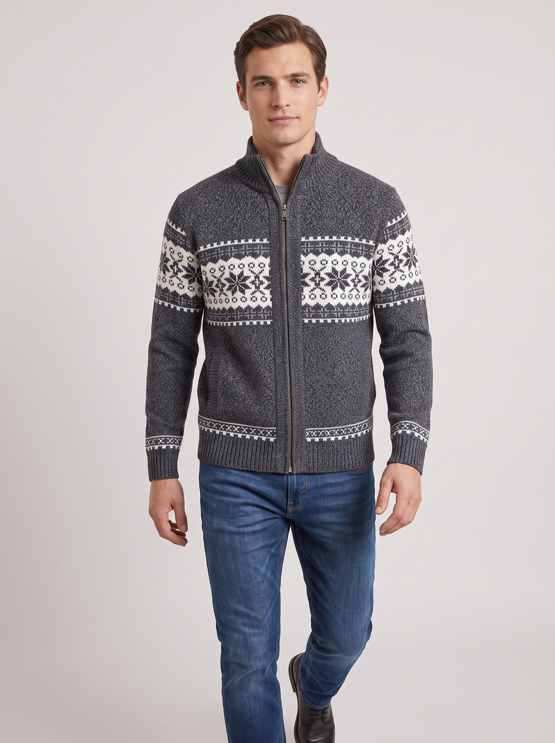 Men's Knitted Zip Jacket – Nordic Fair Isle Wool Blend Cardigan in Grey