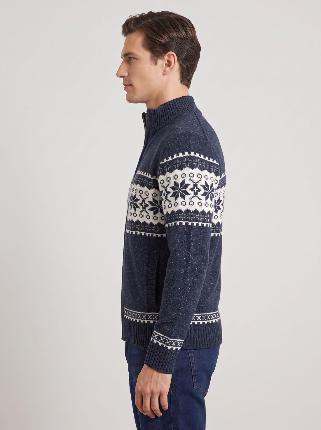 Men's Knitted Zip Jacket – Nordic Fair Isle Wool Blend Cardigan in Navy – front view