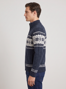 Men's Knitted Zip Jacket – Nordic Fair Isle Wool Blend Cardigan in Navy – side view