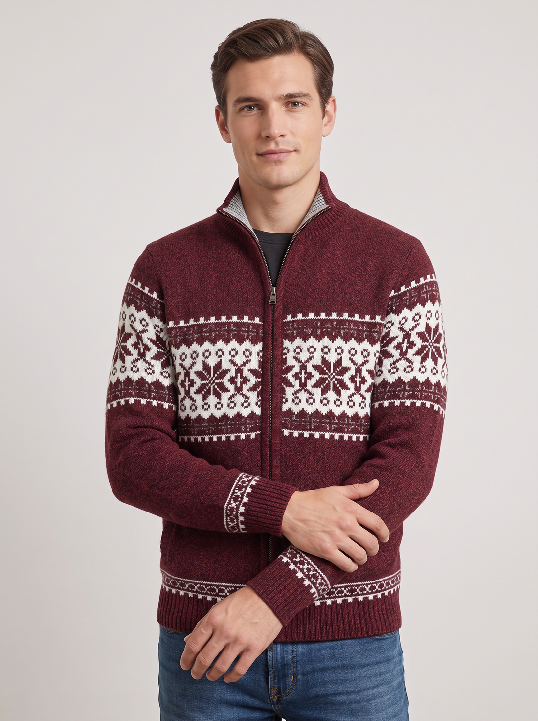 Men's Knitted Zip Jacket – Nordic Fair Isle Wool Blend Cardigan in Burgundy