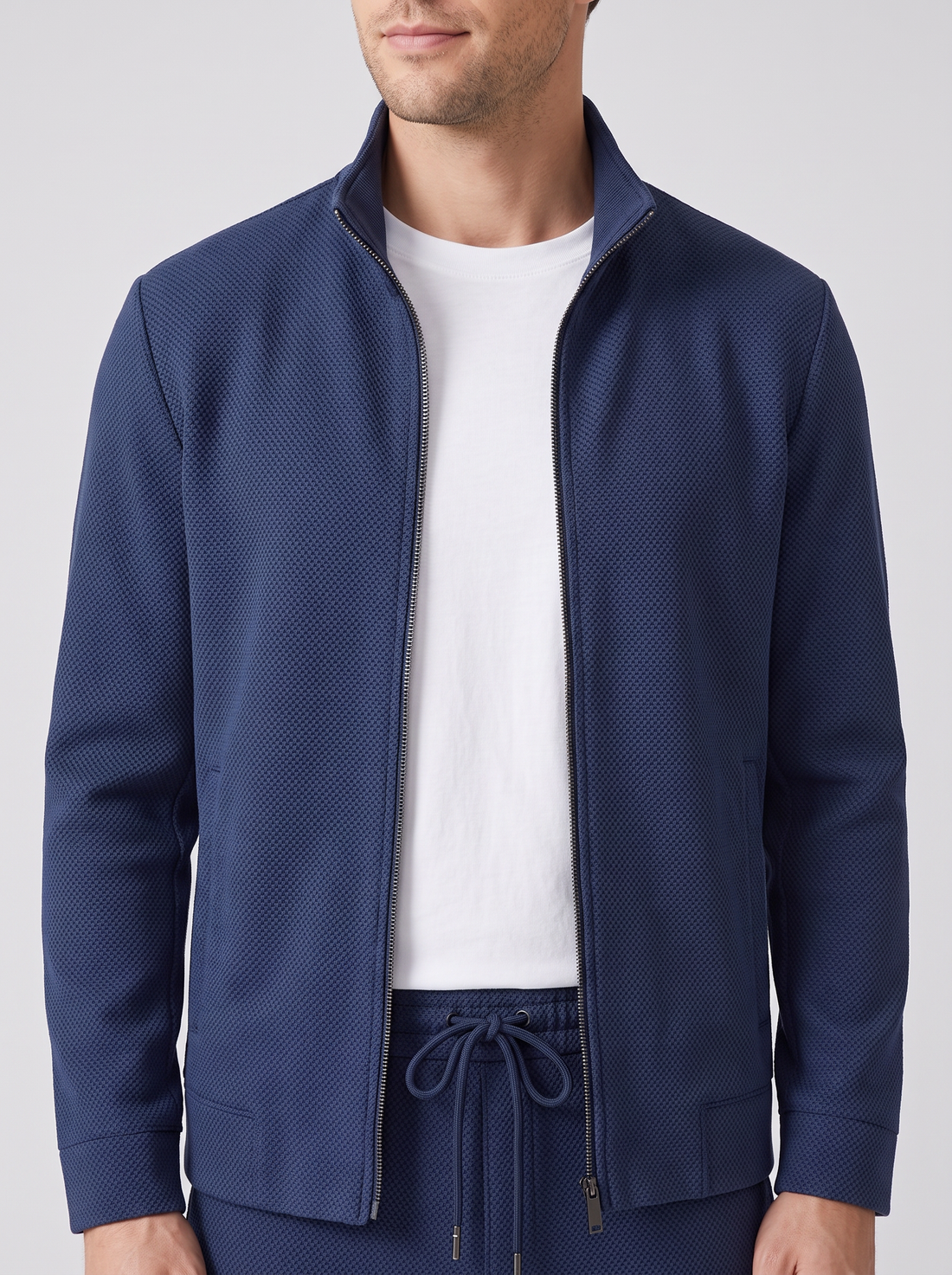 Men's Tracksuit Set – Zip Up Jacket & Joggers in Navy – close-up of collar, zip and drawstring