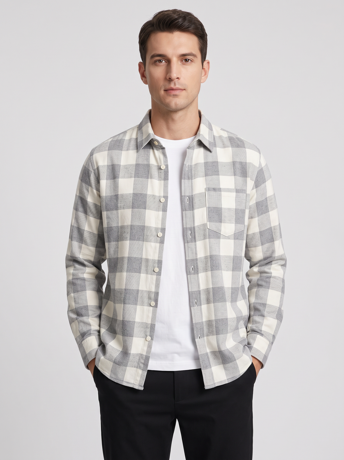 Men's grey and white check flannel shirt
