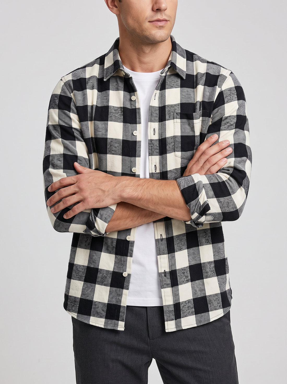 Men's black and white check flannel shirt