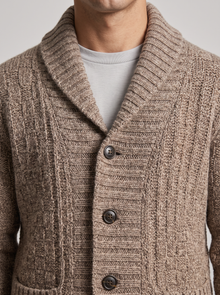 Chunky knit shawl collar and buttons – close-up
