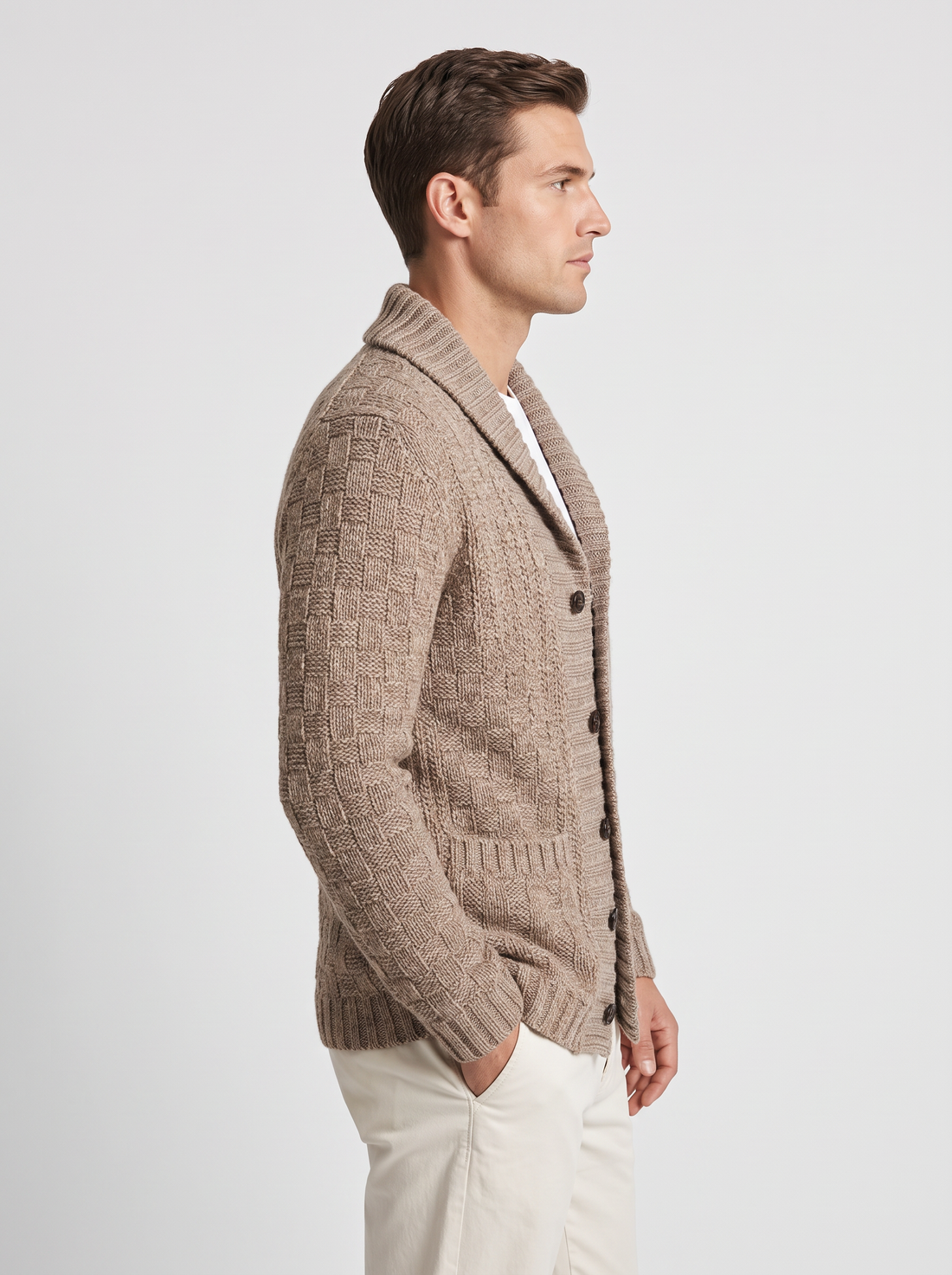 Men's brown shawl collar cardigan – front