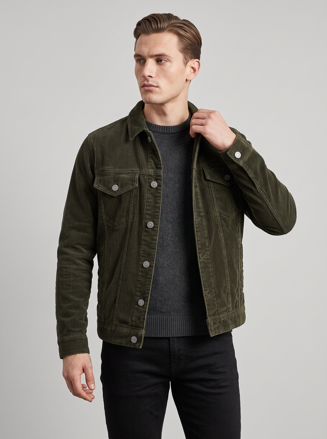 Men's army green corduroy trucker jacket