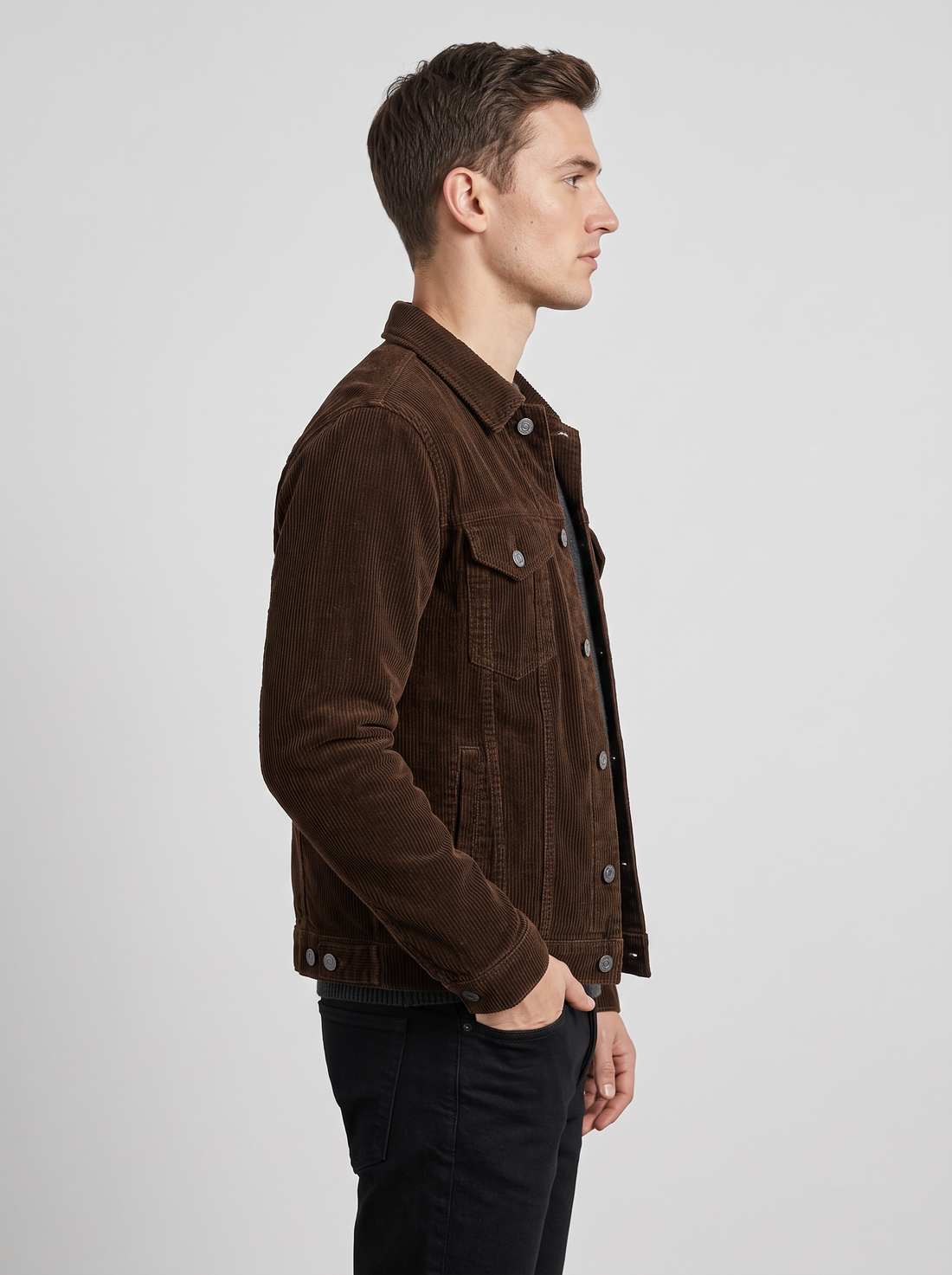 Men's brown corduroy trucker jacket – side