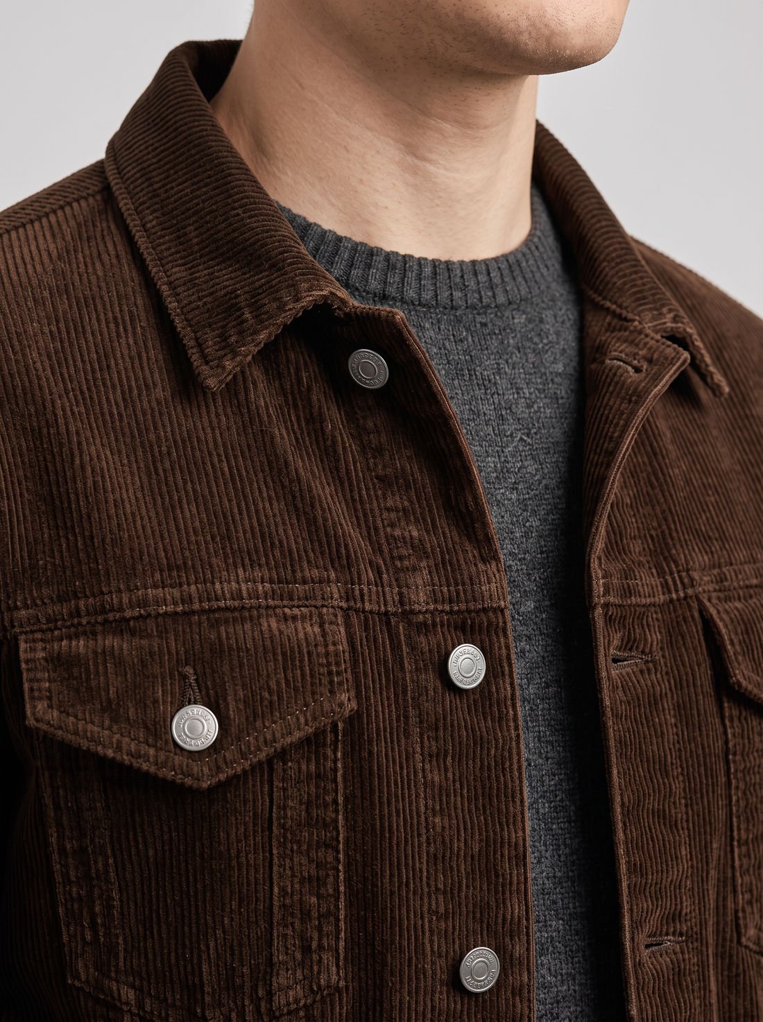 Corduroy chest pocket and buttons – close-up
