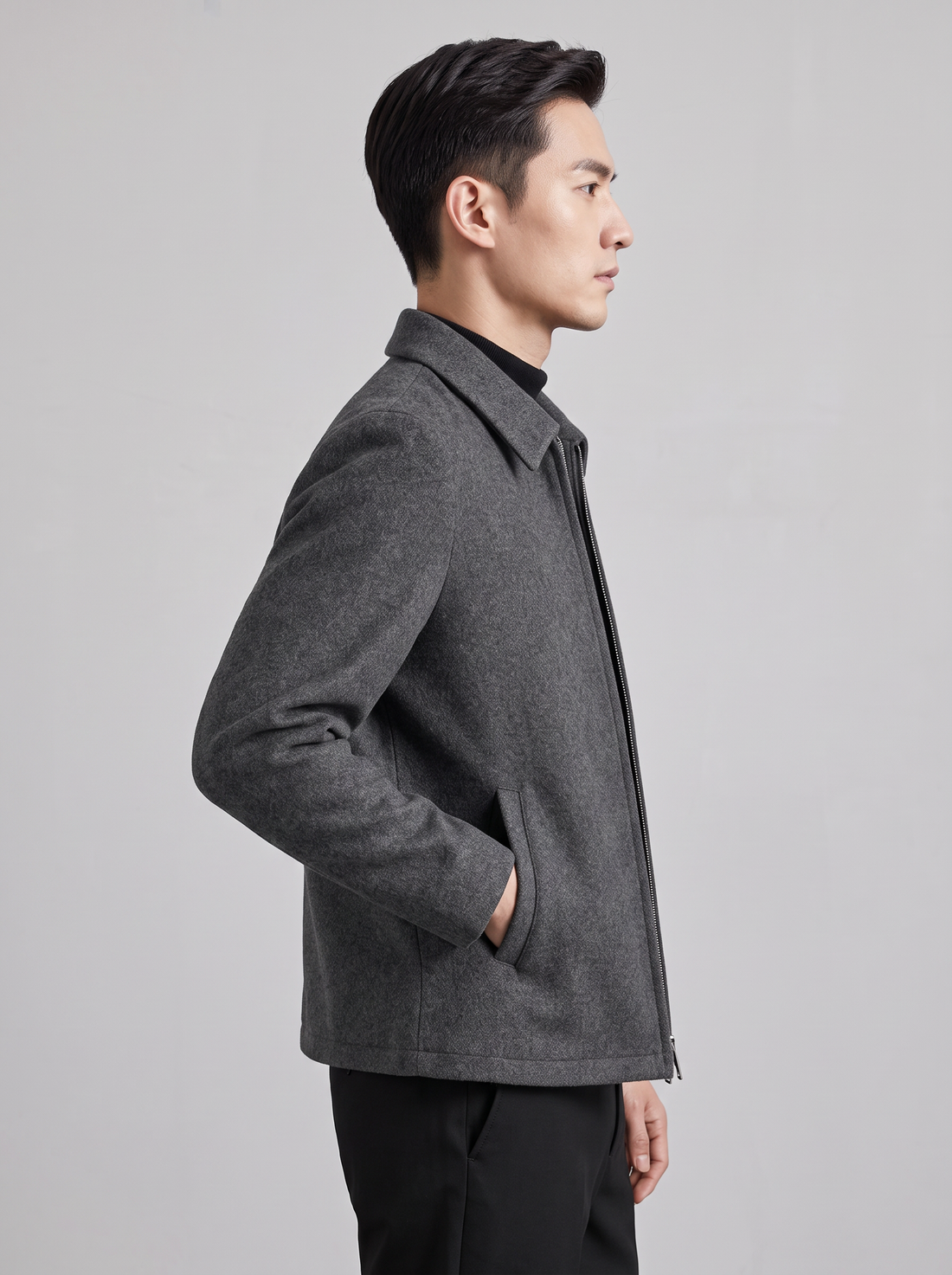 Men's grey wool blend zip up jacket – front