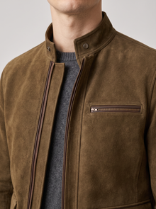 Men's Suede Jacket in Brown – collar and chest pocket close-up