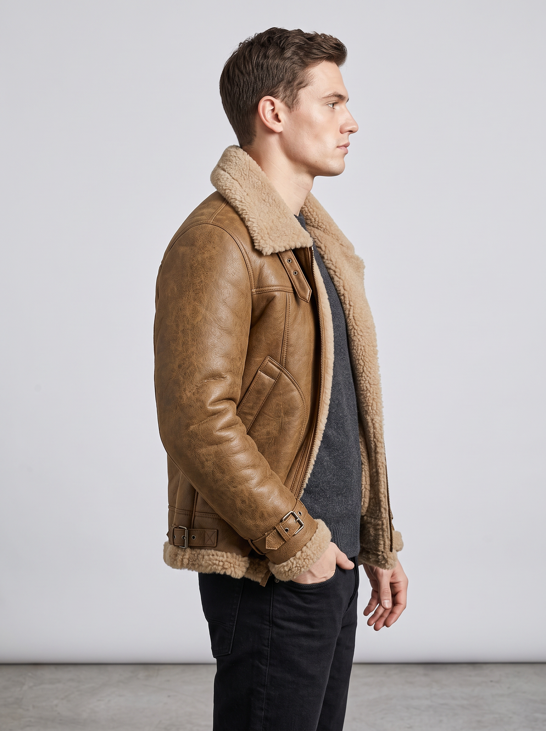 Men's Shearling Aviator Jacket in Brown – front view