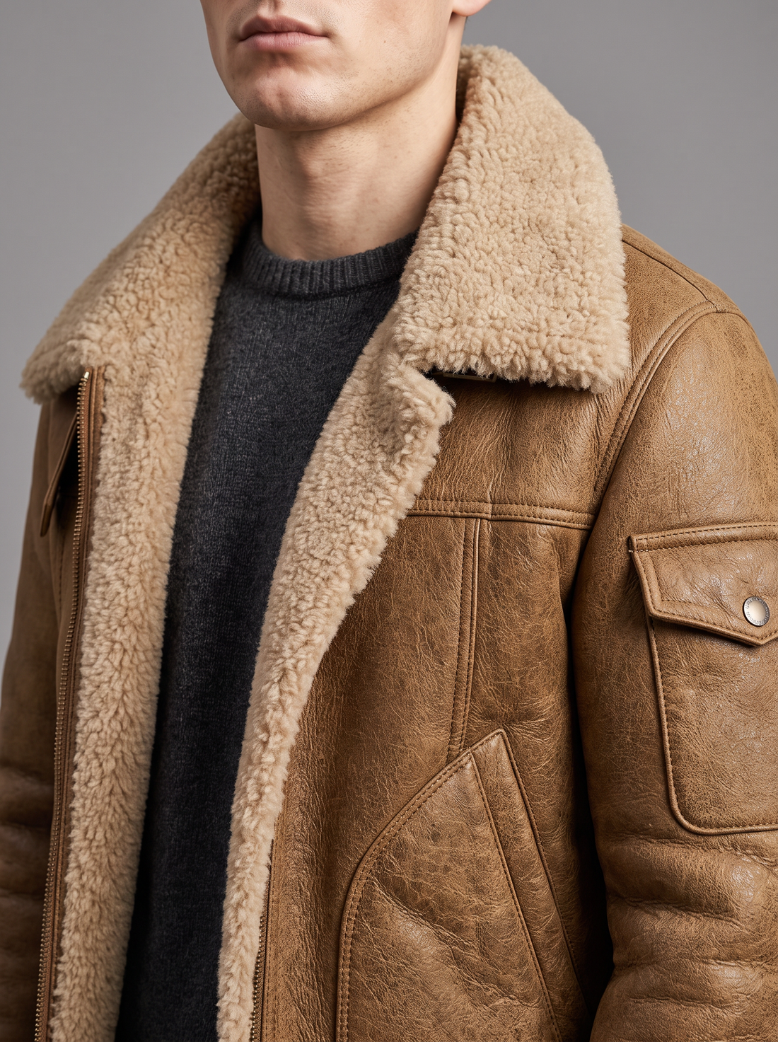 Men's Shearling Aviator Jacket in Brown – teddy collar close-up